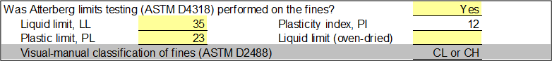 Gradation worksheet: Fines classification using Atterberg limits for plastic fines.
